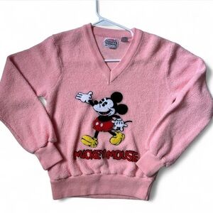 Vintage Disney Women's Pink V-Neck Sweater with Mickey Mouse